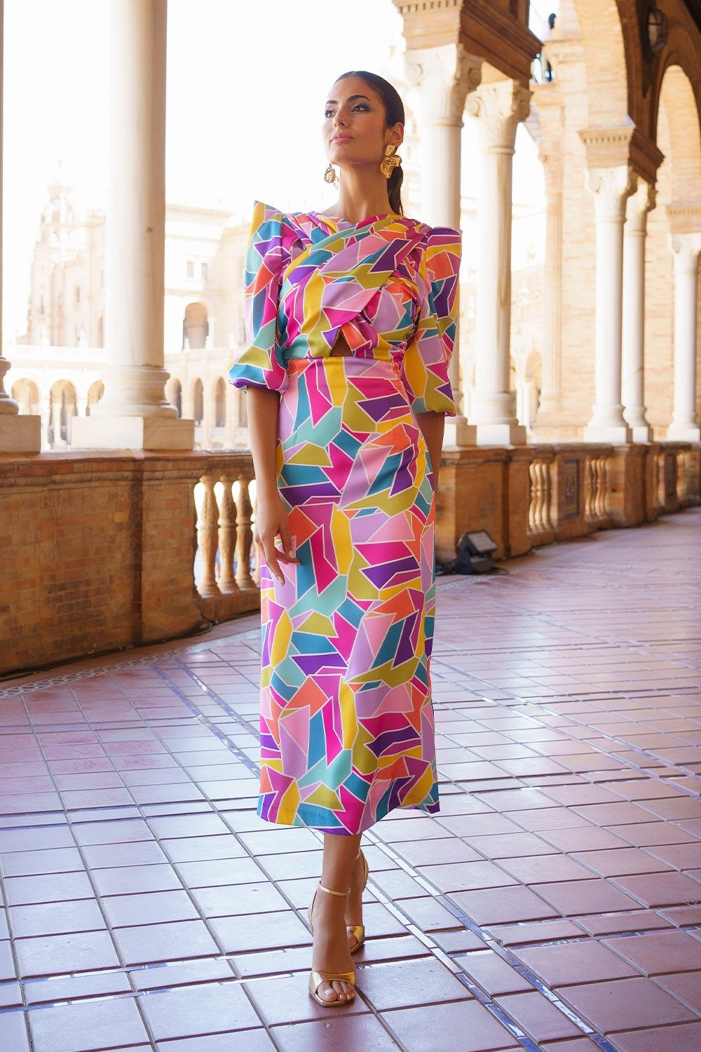Vestido evasé drapeado cruzado estampado