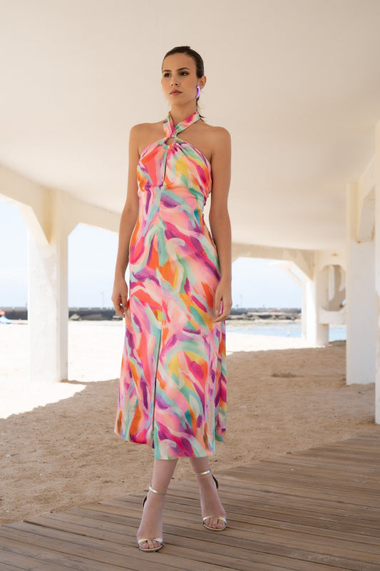 Vestido argolla anudado al cuello estampado