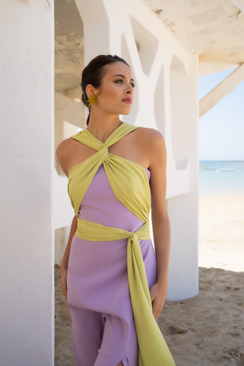 Vestido largo tiras drapeados