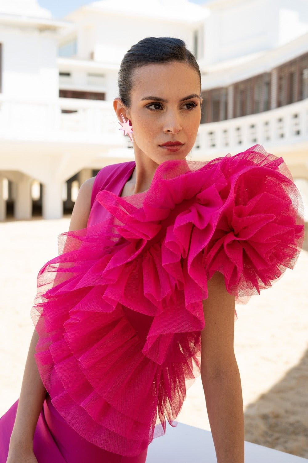 Vestido flor tul manga corta